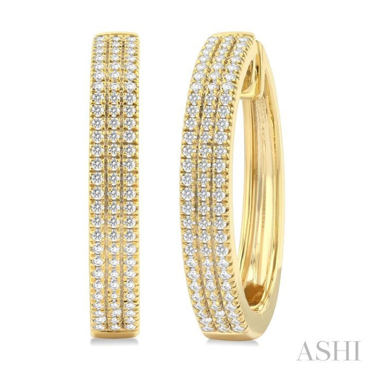 1/2 ctw Triple Row Pave Set Round Cut Diamond Fashion Hoop Earring in 10K Yellow Gold