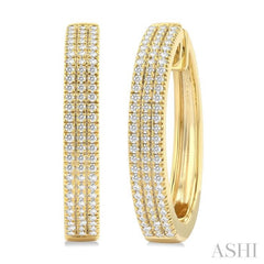 1/2 ctw Triple Row Pave Set Round Cut Diamond Fashion Hoop Earring in 10K Yellow Gold