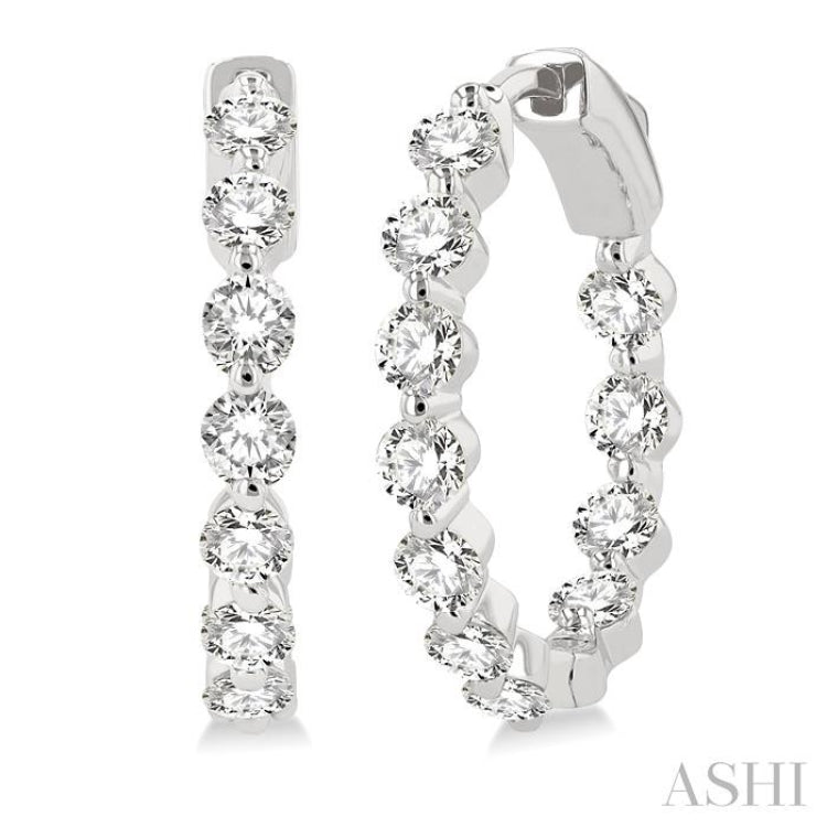 2 ctw Inside-Out Single Prong Set Round Cut Diamond Hoop Earrings in 14K White Gold
