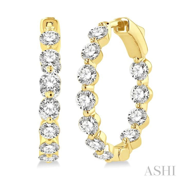 3 ctw Inside-Out Single Prong Set Round Cut Diamond Hoop Earrings in 14K Yellow Gold