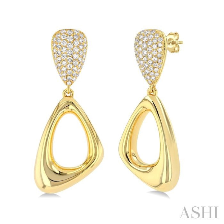 1 1/6 ctw Asymmetrical Dangler Inverted Pear Shape Round Cut Diamond Fashion Earrings in 14K Yellow Gold