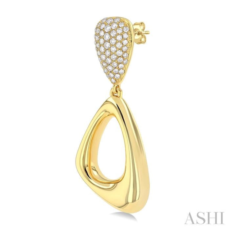 1 1/6 ctw Asymmetrical Dangler Inverted Pear Shape Round Cut Diamond Fashion Earrings in 14K Yellow Gold