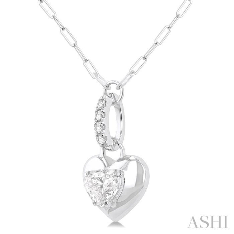 1/4 ctw Dome Heart and Round Cut Diamond Fashion Pendant With Paper Clip Chain in 14K White Gold