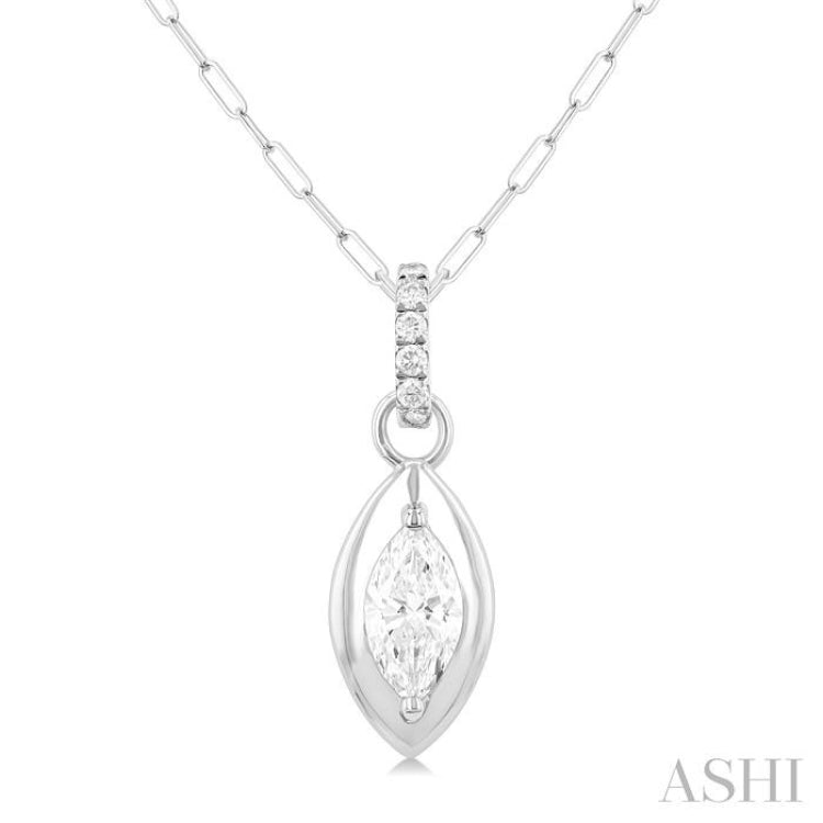 1/4 ctw Dome Marquise and Round Cut Diamond Fashion Pendant With Paper Clip Chain in 14K White Gold