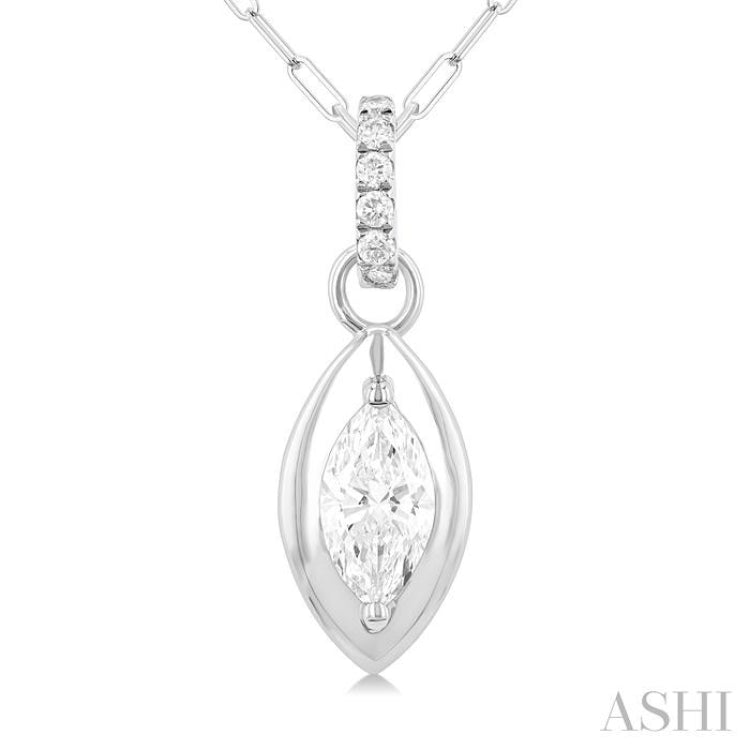 1/4 ctw Dome Marquise and Round Cut Diamond Fashion Pendant With Paper Clip Chain in 14K White Gold