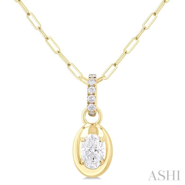 1/4 ctw Dome Oval and Round Cut Diamond Fashion Pendant With Paper Clip Chain in 14K Yellow Gold