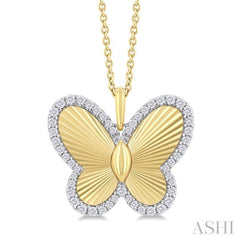 1/4 ctw Fluted Texture Butterfly Round Cut Diamond Fashion Pendant With Chain in 14K Yellow and White Gold