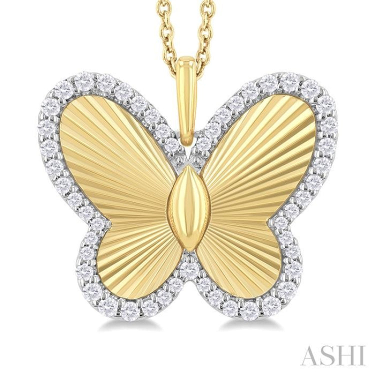 1/4 ctw Fluted Texture Butterfly Round Cut Diamond Fashion Pendant With Chain in 14K Yellow and White Gold