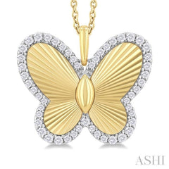 1/4 ctw Fluted Texture Butterfly Round Cut Diamond Fashion Pendant With Chain in 14K Yellow and White Gold