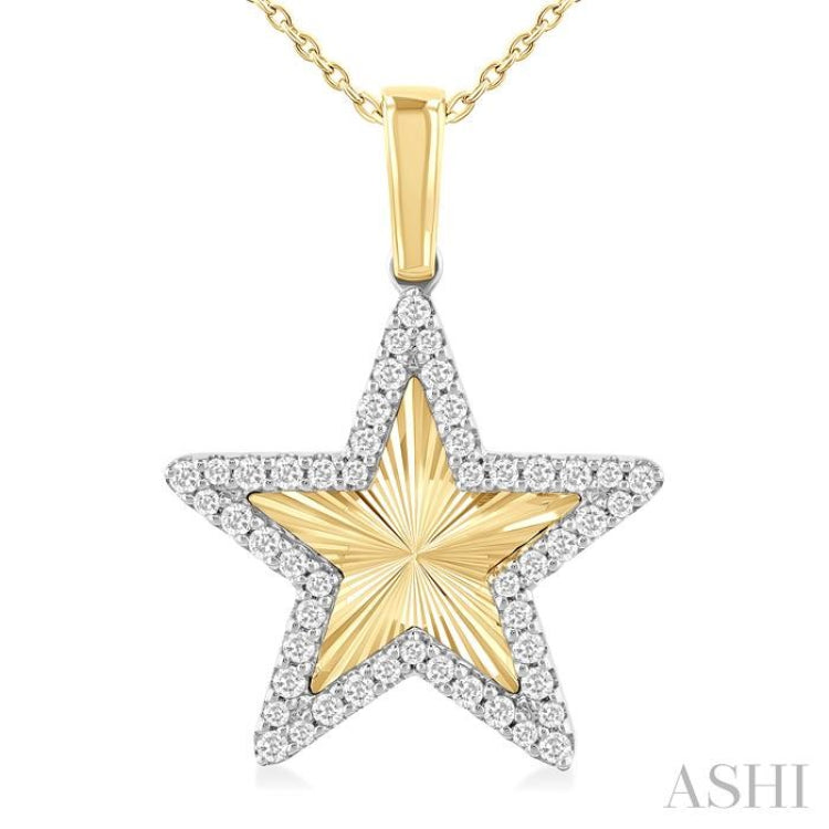 1/4 ctw Fluted Texture Star Round Cut Diamond Fashion Pendant With Chain in 14K Yellow and White Gold