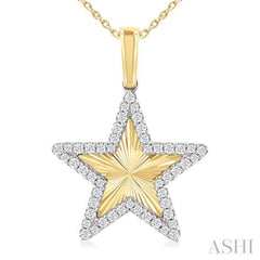 1/4 ctw Fluted Texture Star Round Cut Diamond Fashion Pendant With Chain in 14K Yellow and White Gold