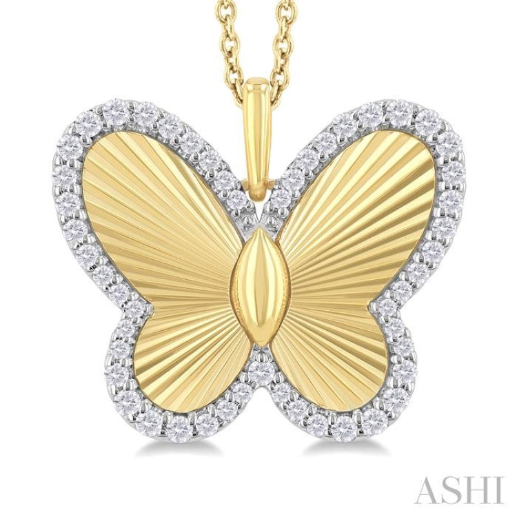 1/4 ctw Fluted Texture Butterfly Round Cut Diamond Fashion Pendant With Chain in 10K Yellow and White Gold