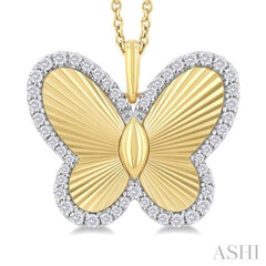 1/4 ctw Fluted Texture Butterfly Round Cut Diamond Fashion Pendant With Chain in 10K Yellow and White Gold