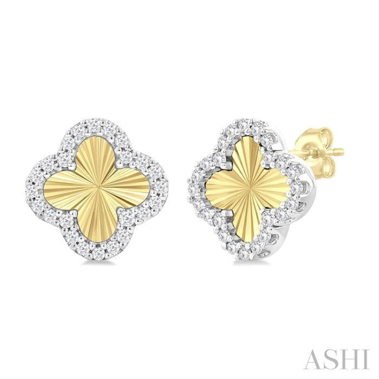 1/5 ctw Fluted Texture 4-Leaf Clover Round Cut Diamond Fashion Stud Earring in 14K Yellow and White Gold