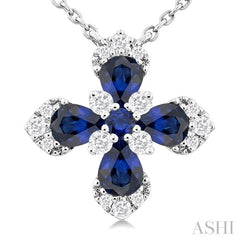 4x3 MM Pear and 2 MM Round Sapphire and 1/6 ctw Round Cut Diamond Floral Blossom Precious Pendant With Chain in 14K white Gold