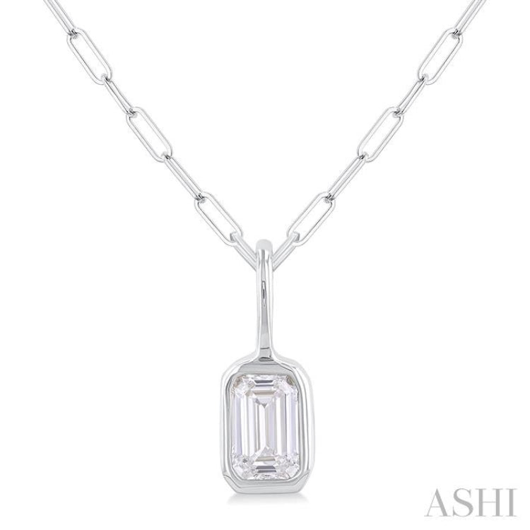 1/5 ctw Emerald Cut Bezel Set Diamond Fashion Pendant With Paperclip Chain in 10K White Gold