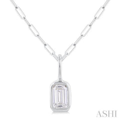 1/5 ctw Emerald Cut Bezel Set Diamond Fashion Pendant With Paperclip Chain in 10K White Gold