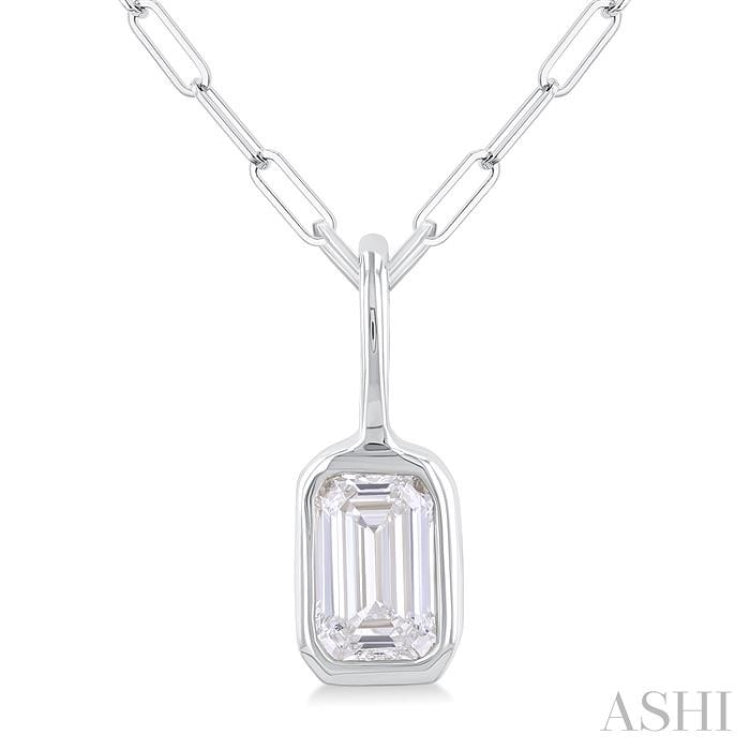 1/5 ctw Emerald Cut Bezel Set Diamond Fashion Pendant With Paperclip Chain in 10K White Gold