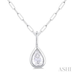 1/5 ctw Pear Cut Bezel Set Diamond Fashion Pendant With Paperclip Chain in 10K White Gold
