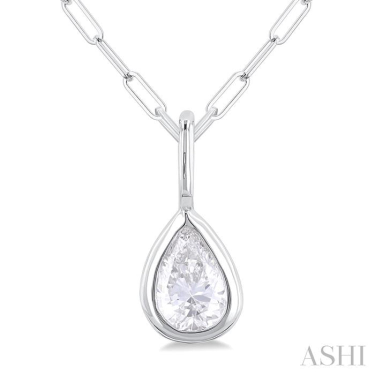 1/5 ctw Pear Cut Bezel Set Diamond Fashion Pendant With Paperclip Chain in 10K White Gold