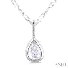 1/5 ctw Pear Cut Bezel Set Diamond Fashion Pendant With Paperclip Chain in 10K White Gold