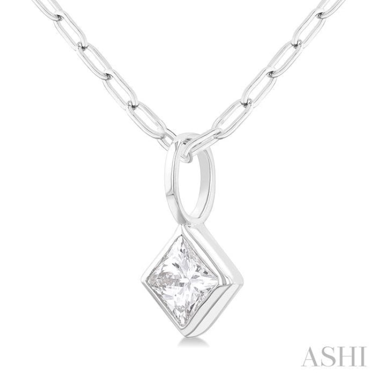 1/5 ctw Princess Cut Bezel Set Diamond Fashion Pendant with Paperclip Chain in 10K White Gold