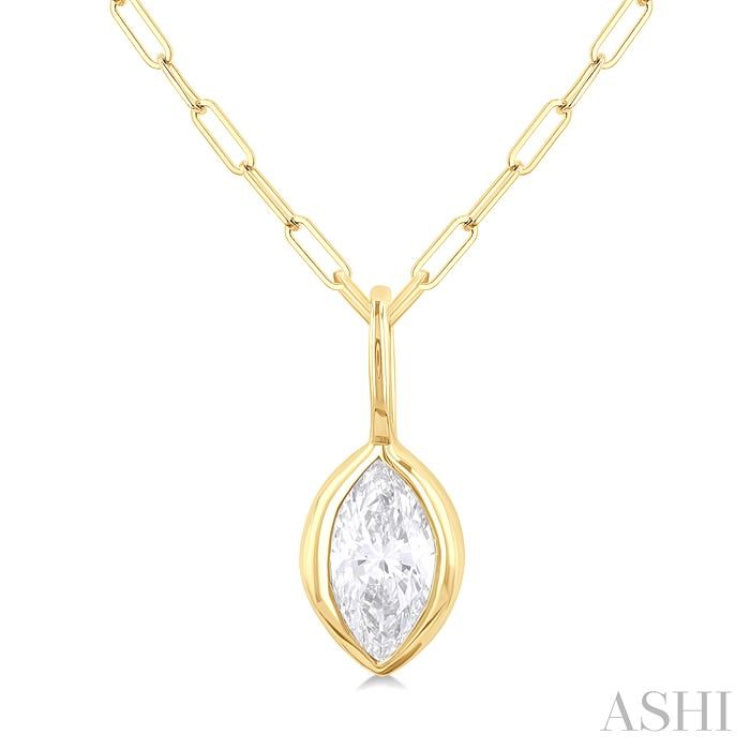 1/5 ctw Marquise Cut Bezel Set Diamond Fashion Pendant With Paperclip Chain in 10K Yellow Gold