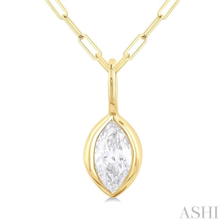 1/5 ctw Marquise Cut Bezel Set Diamond Fashion Pendant With Paperclip Chain in 10K Yellow Gold