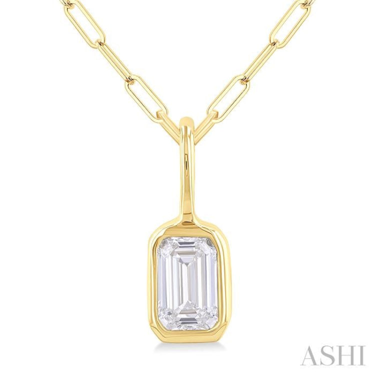 1/5 ctw Emerald Cut Bezel Set Diamond Fashion Pendant With Paperclip Chain in 10K Yellow Gold