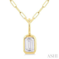 1/5 ctw Emerald Cut Bezel Set Diamond Fashion Pendant With Paperclip Chain in 10K Yellow Gold