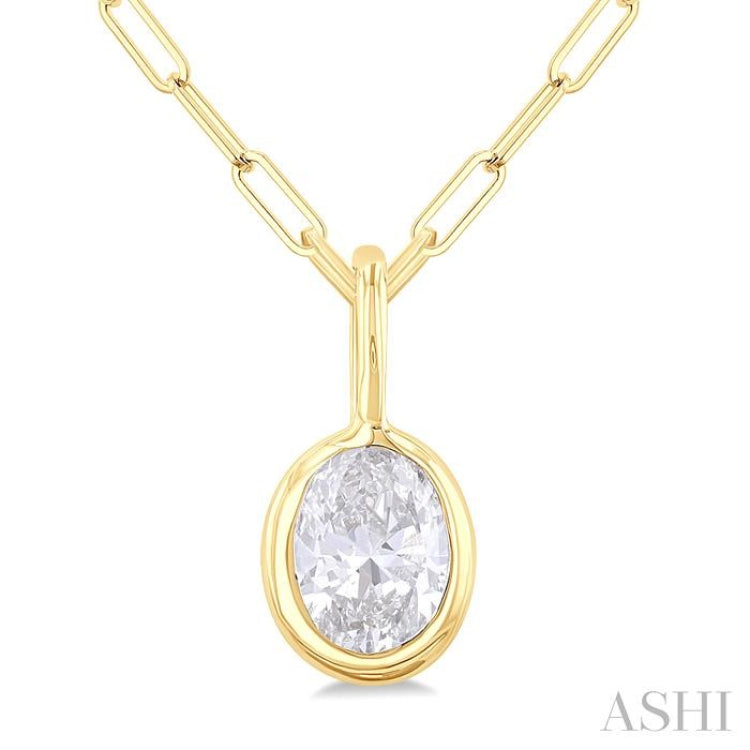 1/5 ctw Oval Cut Bezel Set Diamond Fashion Pendant With Paperclip Chain in 10K Yellow Gold