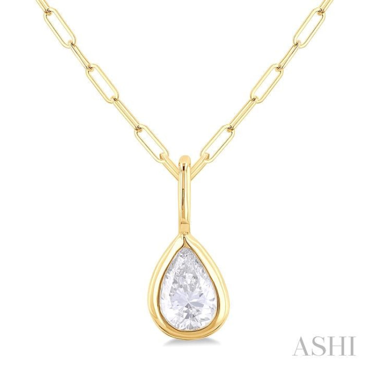 1/5 ctw Pear Cut Bezel Set Diamond Fashion Pendant With Paperclip Chain in 10K Yellow Gold