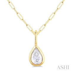 1/5 ctw Pear Cut Bezel Set Diamond Fashion Pendant With Paperclip Chain in 10K Yellow Gold