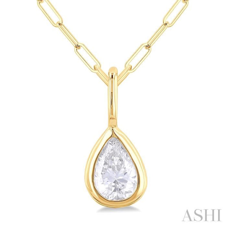 1/5 ctw Pear Cut Bezel Set Diamond Fashion Pendant With Paperclip Chain in 10K Yellow Gold