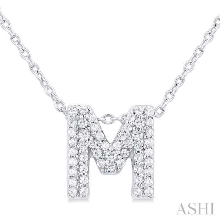 1/6 ctw Bubble Accent Initial 'M' Round Cut Diamond Fashion Pendant With Chain in 10K White Gold