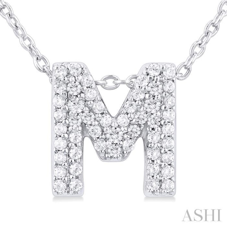 1/6 ctw Bubble Accent Initial 'M' Round Cut Diamond Fashion Pendant With Chain in 10K White Gold