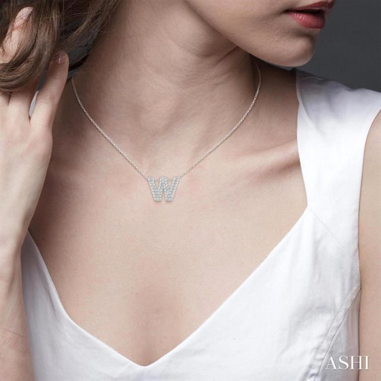 1/6 ctw Bubble Accent Initial 'W' Round Cut Diamond Fashion Pendant With Chain in 10K White Gold