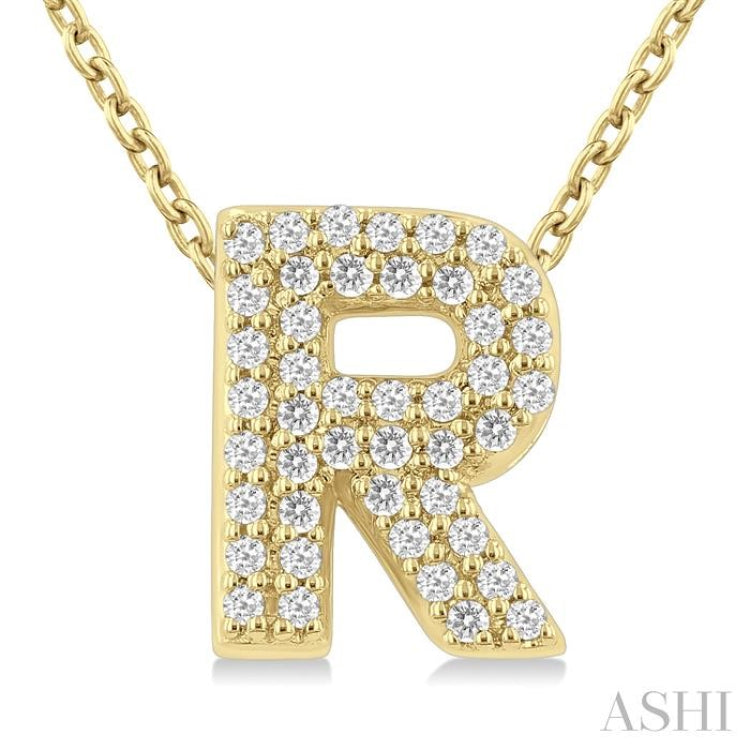 1/8 ctw Bubble Accent Initial 'R' Round Cut Diamond Fashion Pendant With Chain in 10K Yellow Gold