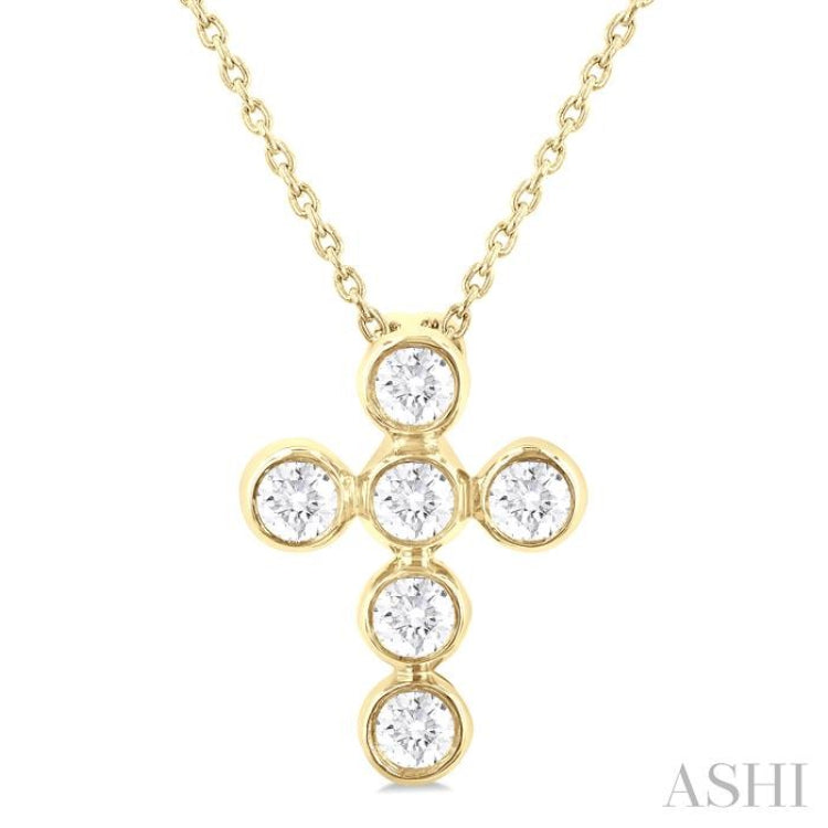 1/4 ctw Round Cut Diamond 6-Stone Bezel Set Cross Pendant With Chain in 14K Yellow Gold