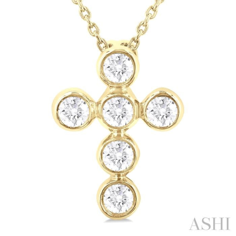 1/4 ctw Round Cut Diamond 6-Stone Bezel Set Cross Pendant With Chain in 14K Yellow Gold
