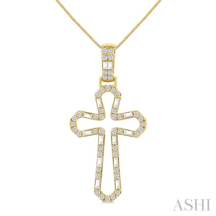 1/2 ctw Open Window Cross Frame Baguette and Round Cut Diamond Fashion Pendant With Chain in 10K Yellow Gold