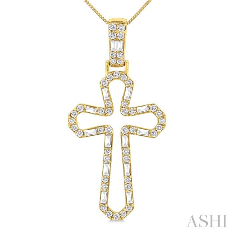 1/2 ctw Open Window Cross Frame Baguette and Round Cut Diamond Fashion Pendant With Chain in 10K Yellow Gold