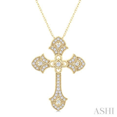 1/4 ctw Cross Round Cut Diamond Fashion Pendant With Chain in 14K Yellow Gold