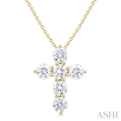 1 1/2 ctw Round Cut Diamond Christian Cross 6-Stone Fashion Pendant With Chain in 14K Yellow Gold