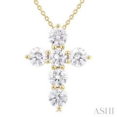1 1/2 ctw Round Cut Diamond Christian Cross 6-Stone Fashion Pendant With Chain in 14K Yellow Gold