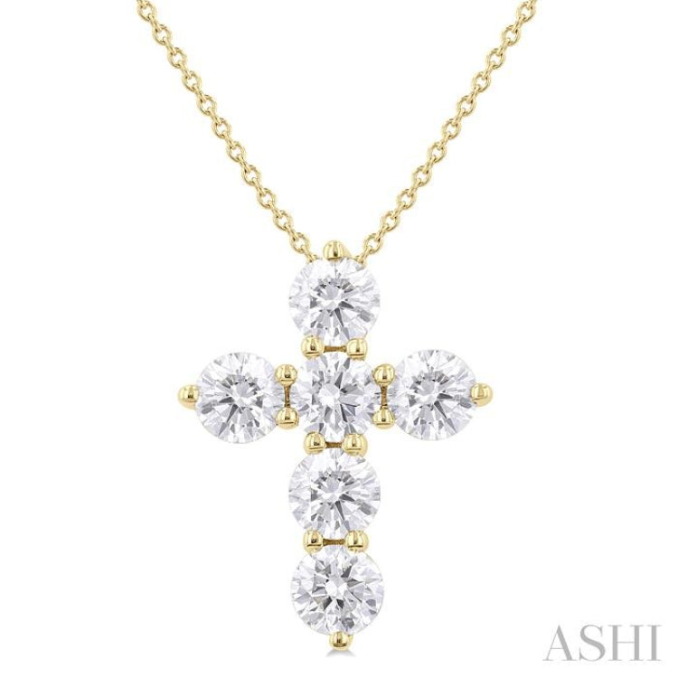 2 ctw Round Cut Diamond Christian Cross 6-Stone Fashion Pendant With Chain in 14K Yellow Gold