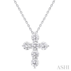 1 ctw Round Cut Diamond Christian Cross 6-Stone Fashion Pendant With Chain in 14K White Gold