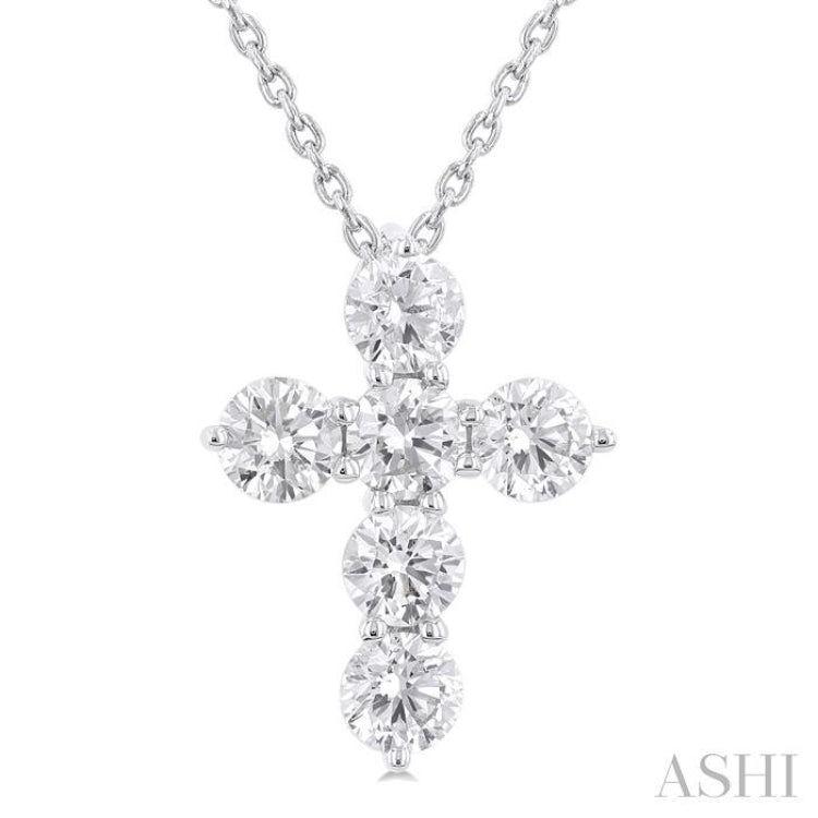 1 ctw Round Cut Diamond Christian Cross 6-Stone Fashion Pendant With Chain in 14K White Gold