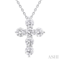 1 ctw Round Cut Diamond Christian Cross 6-Stone Fashion Pendant With Chain in 14K White Gold