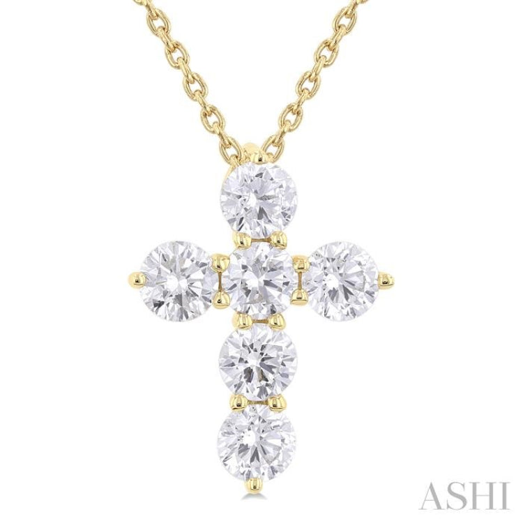 1 ctw Round Cut Diamond Christian Cross 6-Stone Fashion Pendant With Chain in 14K Yellow Gold